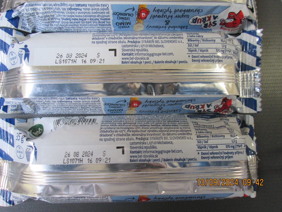 Roztierateľný tavený syr 35 g – DS: 26.08.2024, v celkovom množstve: 3 ks, v celkovej hmotnosti: 105 g, v celkovej cene: 2,7 Eur. 