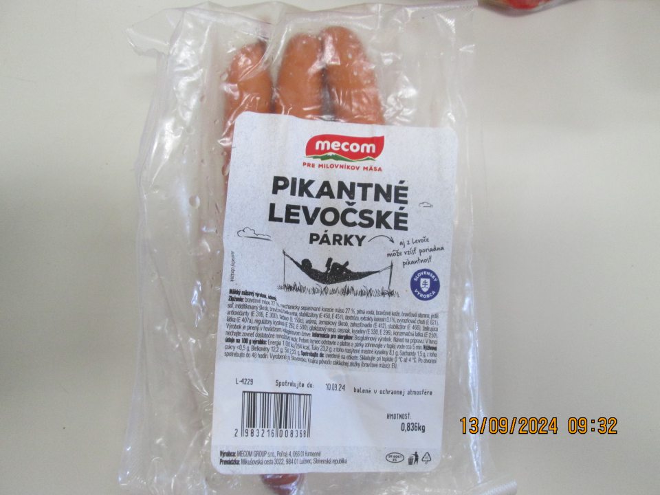 Pikantné levočské párky 0,15 kg – DS: 10.09.2024, v celkovej hmotnosti: 0,15 kg, v celkovej cene: 1,29 Eur. 