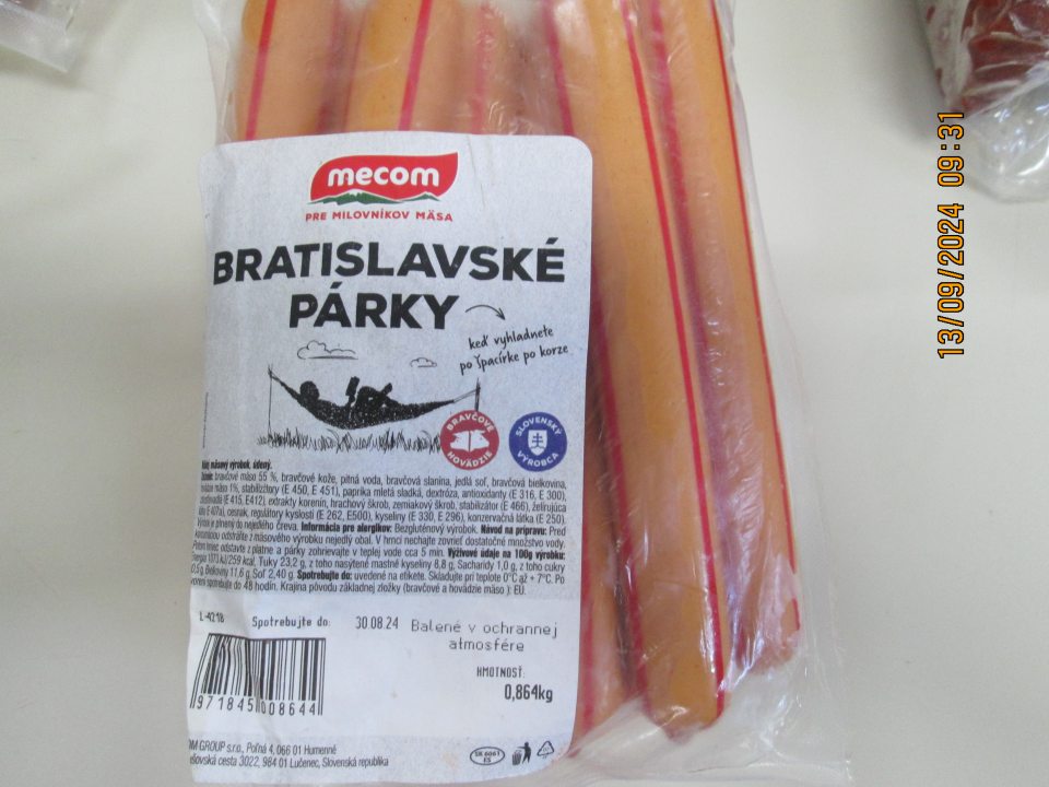 Bratislavské párky 0,87 kg – DS: 30.08.2024, v celkovej hmotnosti: 0,87 kg, v celkovej cene: 8,16 Eur. 