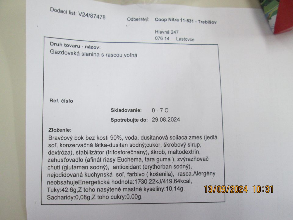 Gazdovská slanina s rascou voľná, DS: 29.08.2024, v celkovej hmotnosti: 0,48 g, v celkovej cene: 5,76 Eur. 