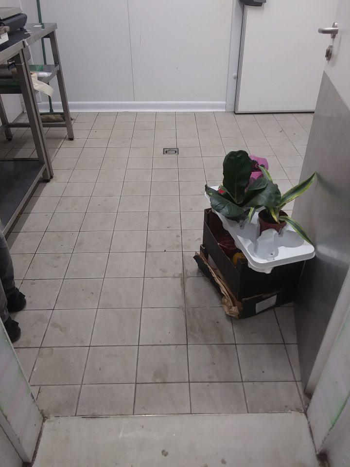 Znečistená podlaha od zvyškov potravín a zatečených tekutín v priestore prípravovne čerstvého ovocia a zeleniny.