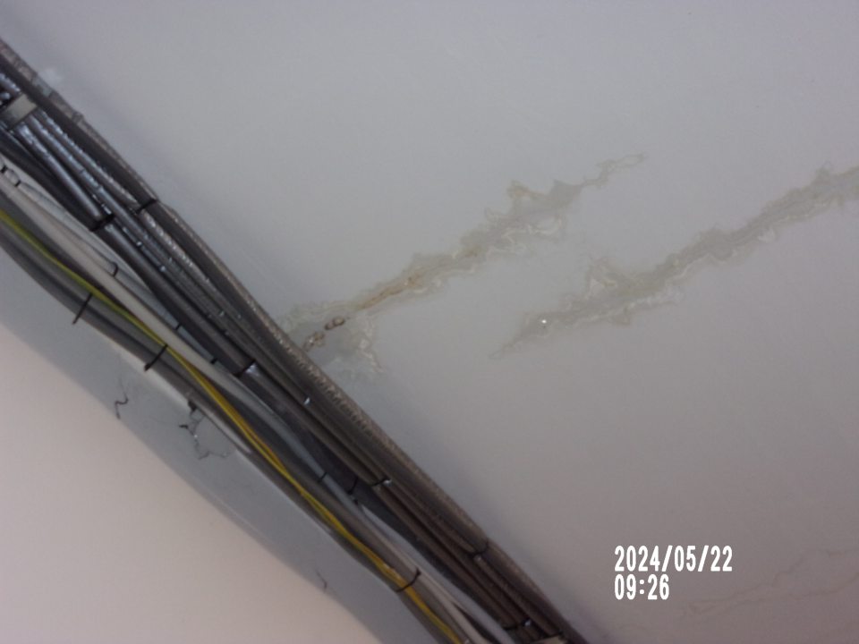 Steny v skladových priestoroch zvlhnuté, olupujúca omietka. Strop s kvapkajúcou vodou