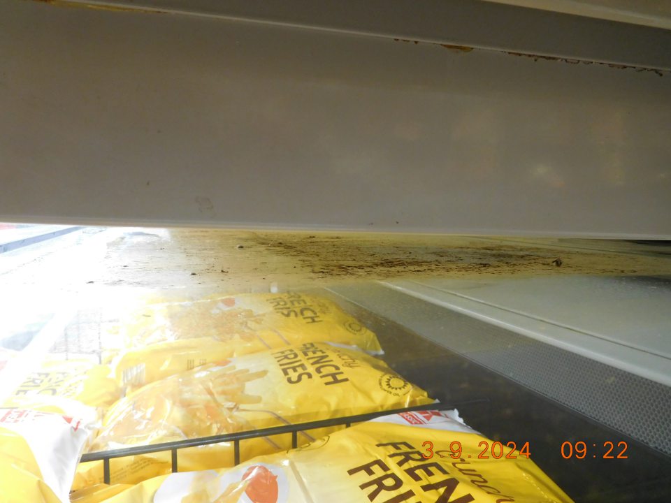 znečistenie ložnej a j vonkajšej plochy mraziacich a chladiacich zariadení v predajni, a to hrubou zaschnutou nečistotou, prachom a zvyškami potravín, a tiež orosenie sklenených častí mraziacich zariadení znečistené čiernou nečistotou pripomínajúcou pleseň