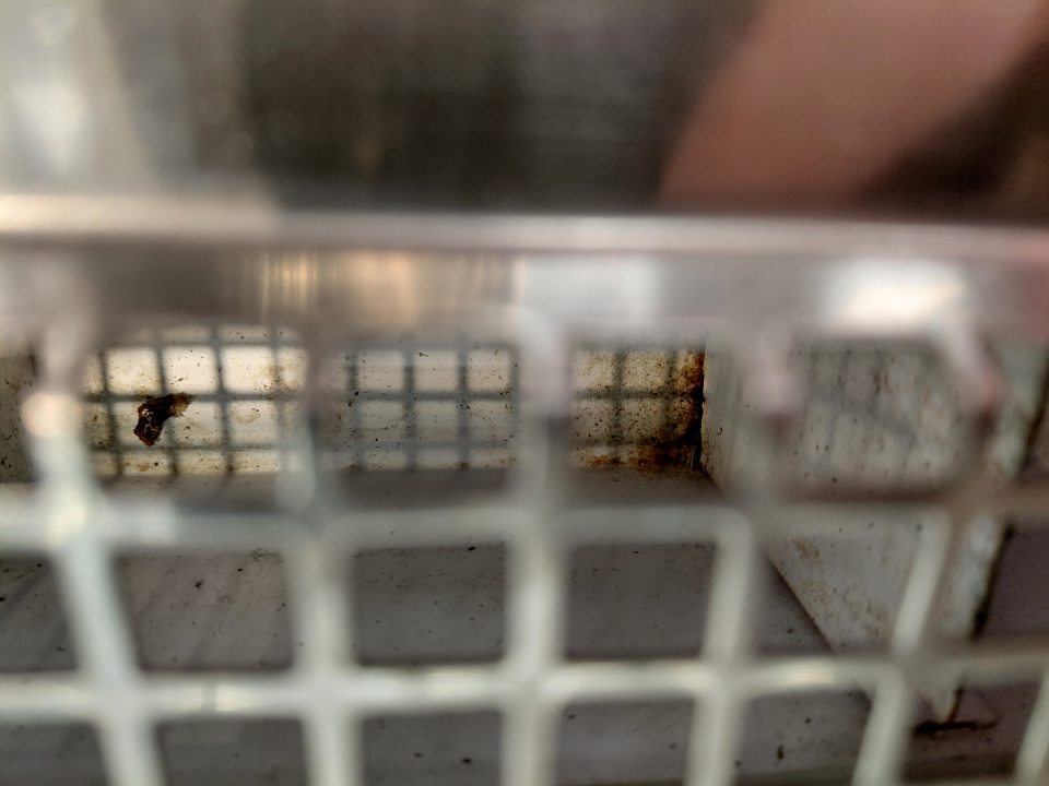 Znečistenie pod mriežkou chladiaceho zariadenia na predaj mäsových výrobkov