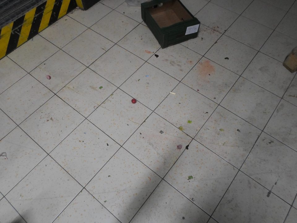 Podlaha v manipulačnej chodba v suchom sklade potravín silne znečistená najmä na ťažšie dostupných miestach, mechanickými nečistotami, zvyškami skladovaného tovaru, kúskami použitých obalových materiálov a prachom