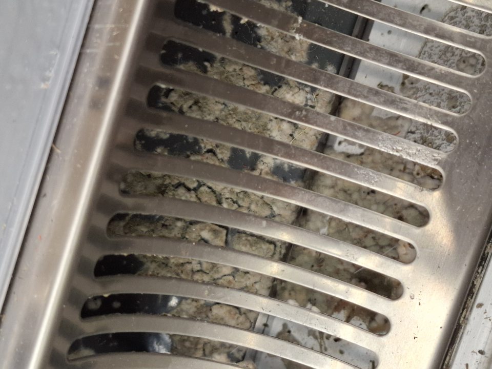 Chladiaca vitrína mliečnych výrobkov - znečistenie mriežky  s výskytom plesne.