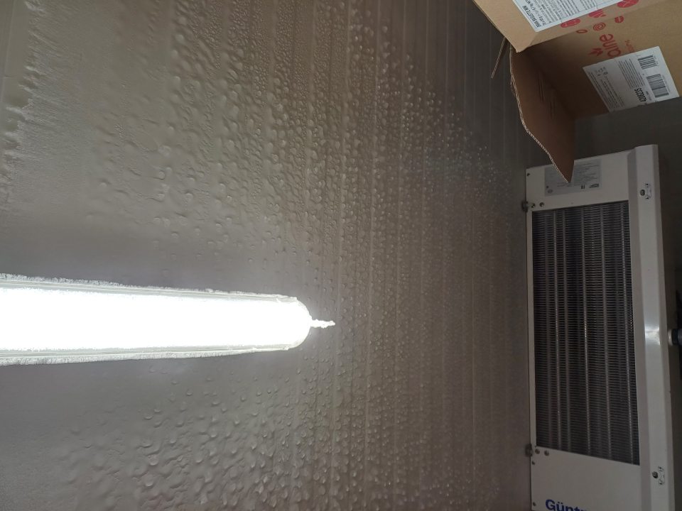 V skladových priestoroch v mraziacom boxe námraza na mraziacej jednotke, kondenzát na strope mraziaceho boxu.