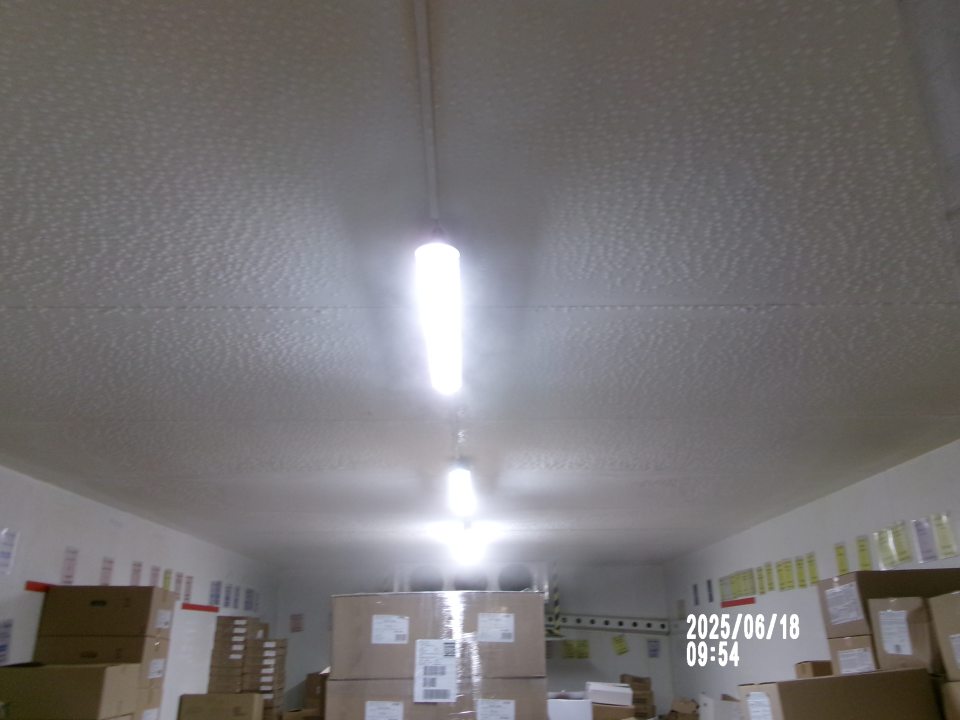 Výskyt zamrznutého kondezu na strope mraziaceho boxu s uchovávanými pekárskymi polotovarmi aj námraza na vstupných dverách do boxu.