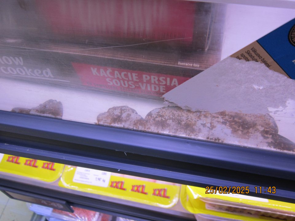 V chladiacej vitríne na uchovávanie čerstvého chladeného mäsa na predajnej ploche poškodené regály – olupujúci sa biely náter s výskytom hrdze.