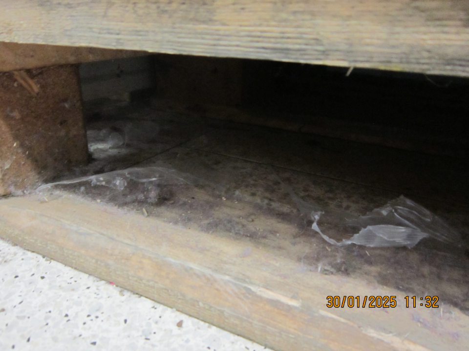 Nánosy prachu, nečistoty a zbytky obalového materiálu pod paletami s nealkoholickými nápojmi na predajnej ploche prevádzky. 