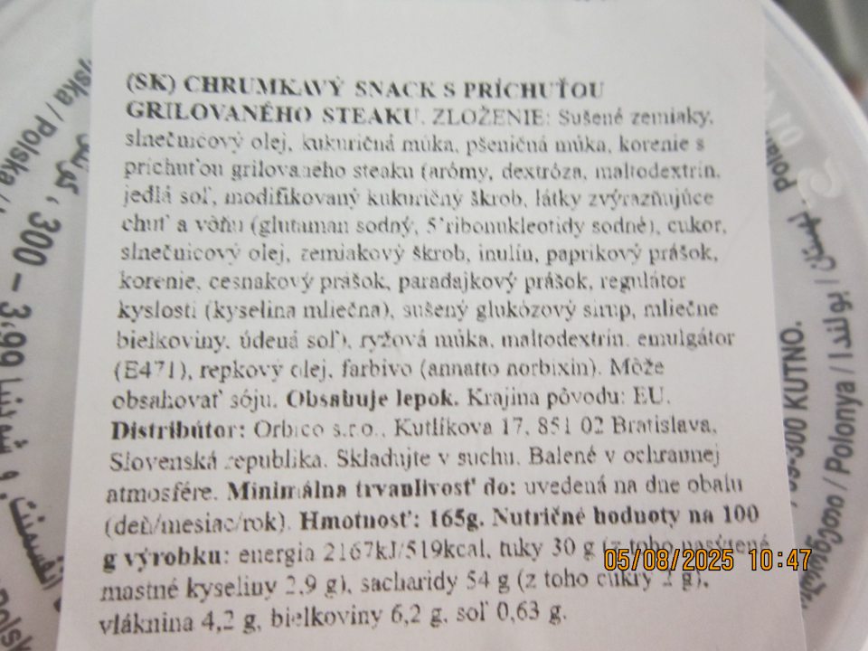 Na etikete v zozname zložiek nie sú oproti zvyšnej časti zoznamu zdôraznené zložky spôsobujúce alergie alebo neznášanlivosť: „pšeničná múka“, „mliečne bielkoviny“.
