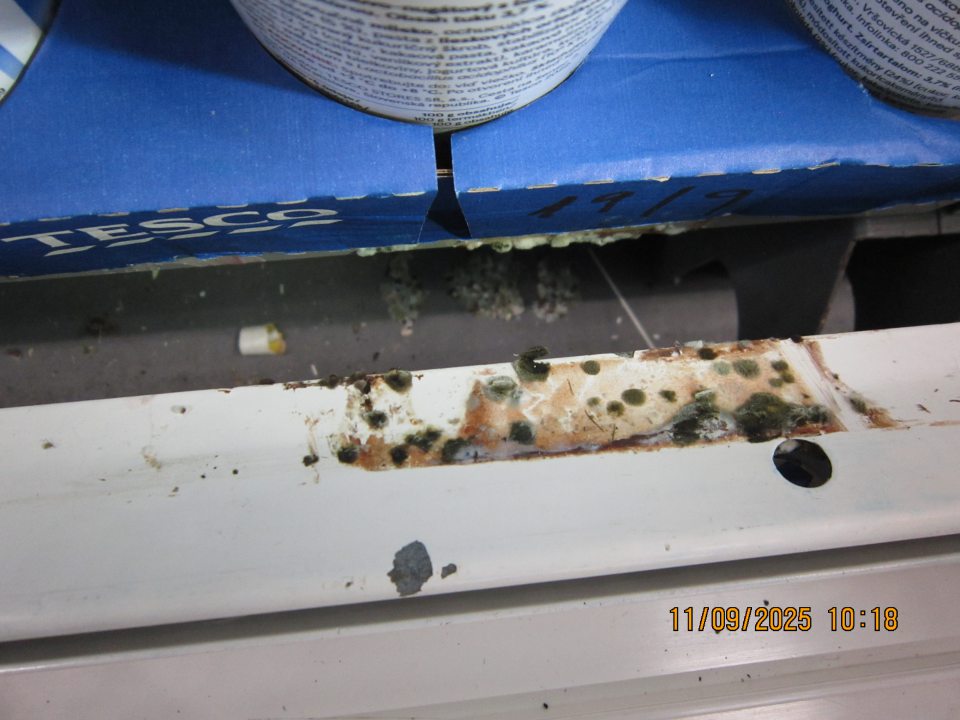 Plesnivé nálepy zatečeného obsahu na bočnej strane mriežky a pod mriežkou v chladiacej vitríne na uchovávanie mliečnych výrobkov.