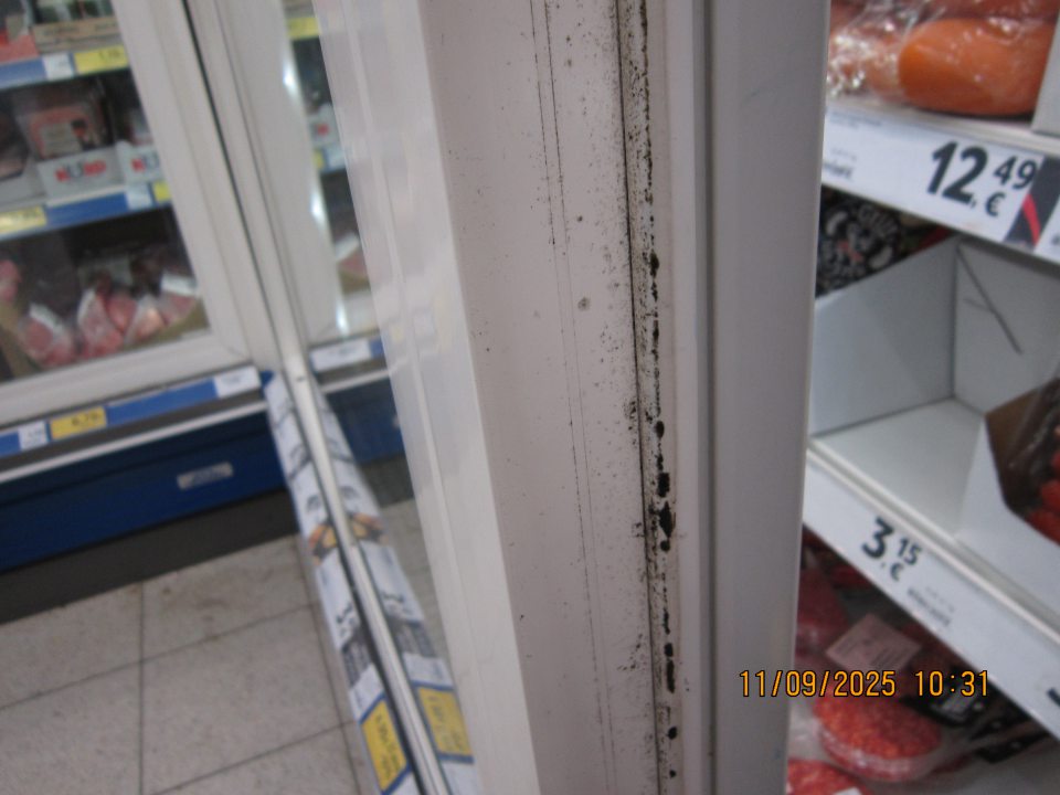 Znečistené plesnivé tesnenie rámu dverí chladiacej vitríny na uchovávanie mäsových výrobkov.