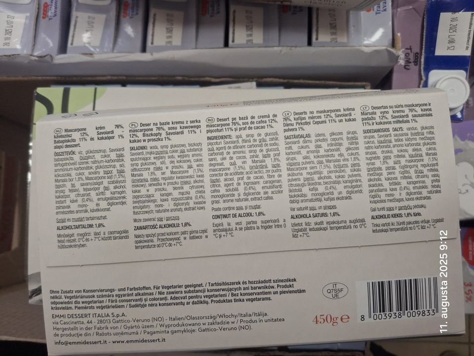 U dvoch druhov výrobkov (TIRAMISU a PROFITELORES) chýbalo označenie v slovenskom jazyku.