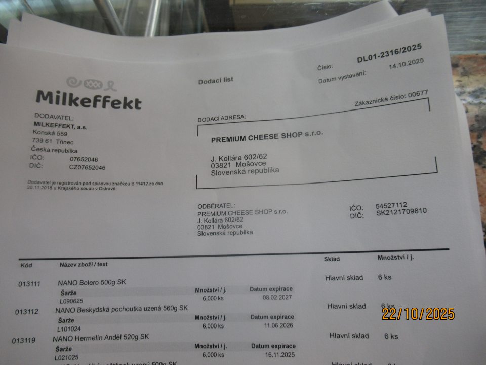 Dodací list vystavený na miesto určenia: sídlo PPP PREMIUM CHEESE SHOP s. r. o., 038 21 Mošovce, ktoré nie je registrované na RVPS Martin.
