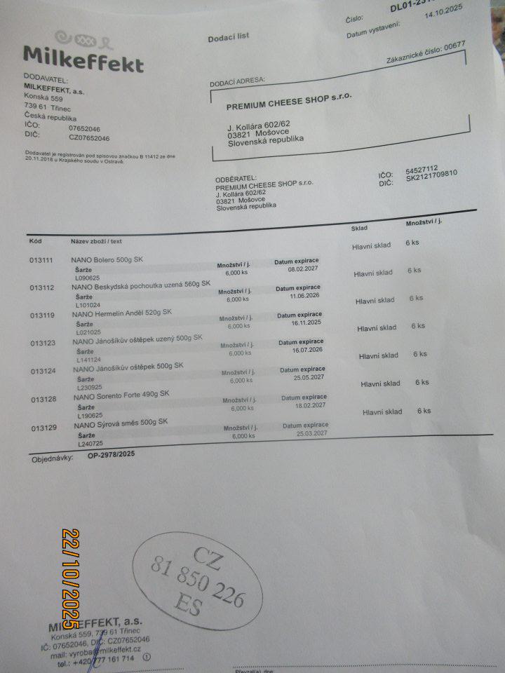 
Dodací list vystavený na miesto určenia: sídlo PPP PREMIUM CHEESE SHOP s. r. o., 038 21 Mošovce, ktoré nie je registrované na RVPS Martin