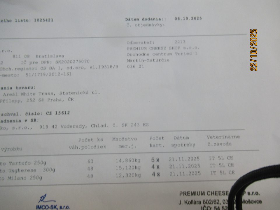  Dodacie listy sprevádzajúce tovar vystavované nie na odberné miesto (OC Galéria Martin), ale na sídlo kontrolovaného subjektu. 