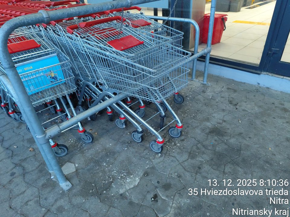 priestor nákupných vozíkov a ich kolieska znečistené exkrementmi vtákov