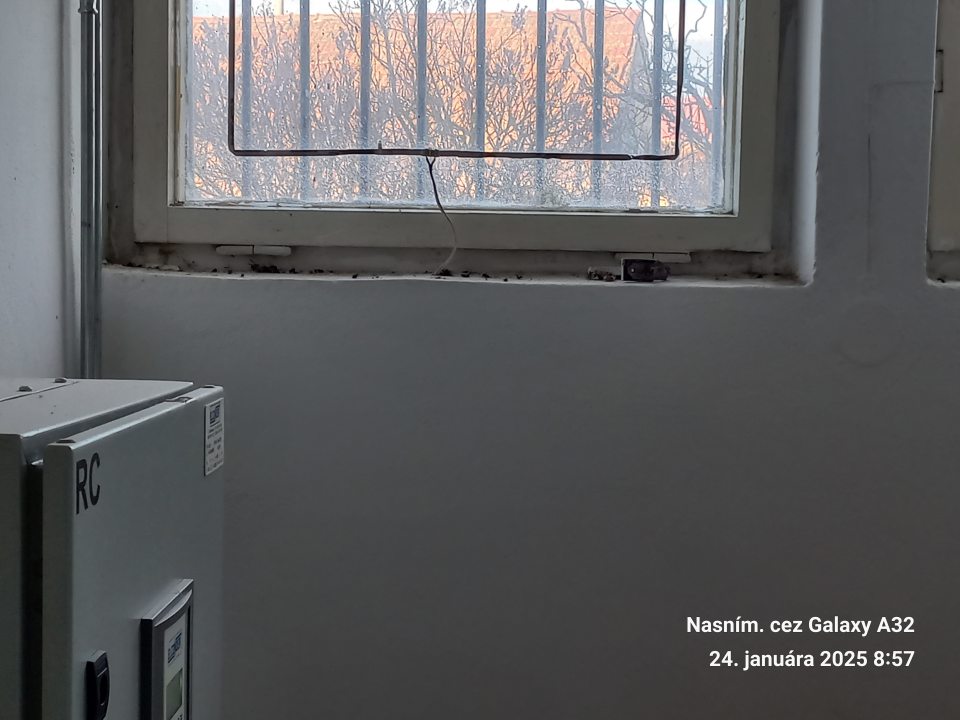 v miestnosti s čistiacimi a dezinfekčnými prostriedkami okenná parapeta znečistená hrubou vrstvou prachu, pavučín a mŕtvym hmyzom