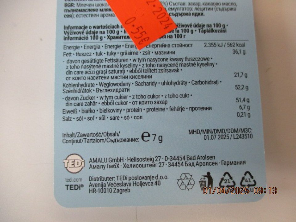 Merry Xmas Mliečna čokoláda 7g - údaj o DMT uvedený v tvare cit: ,,MHD/MIN/DMD/DDM/M3C: 01.07.2025