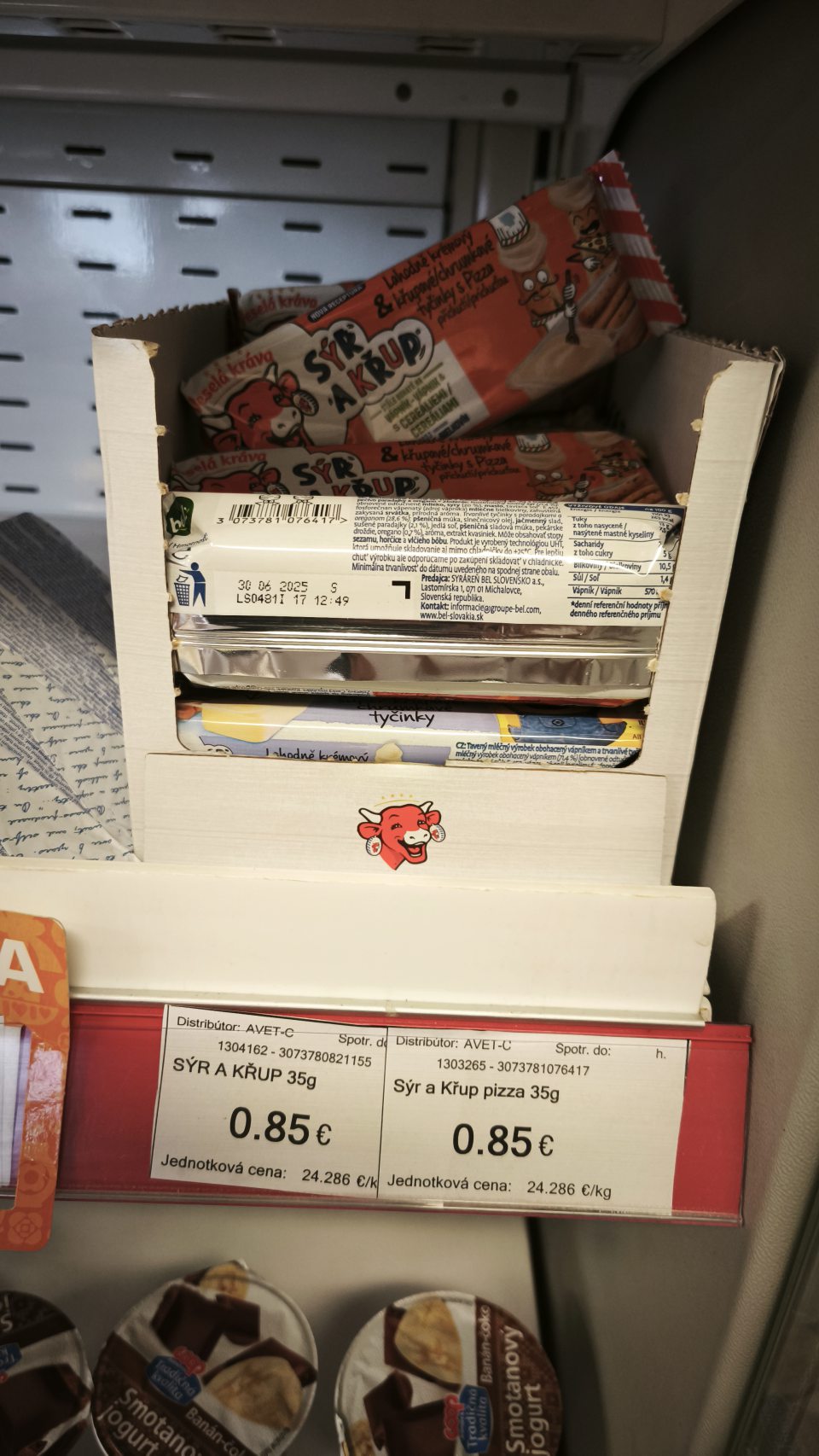 SYR a KŘUP, VESELÁ KRÁVA, roztierateľný tavený syr, a 35g, predajca- syráreň Bel Slovensko a. s., Michalovce,     FR 39.300.001 CE, DMT- 30.06.2025, spolu 4ks, celková hmotnosť- 0,140g, celková cena- 3,40€ ,7dní po DMT