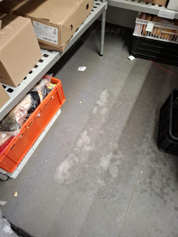 V skladových priestoroch v mraziacom boxe výskyt kondenzátu na strope mraziaceho boxu, kvapkajúci kondenzát na podlahu.
