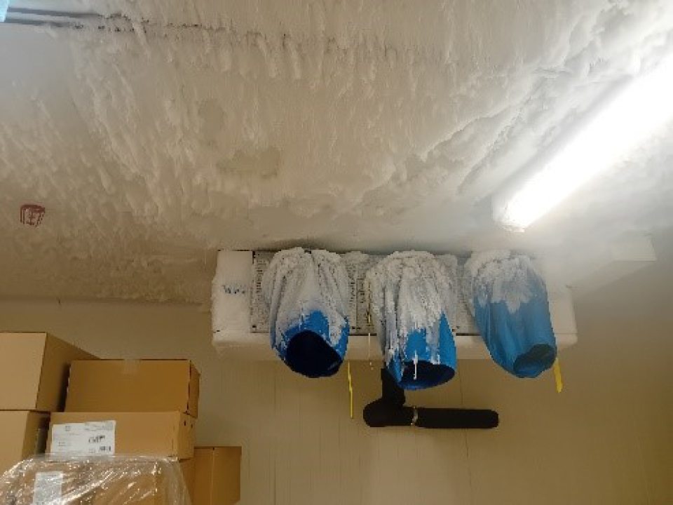 V mraziacom boxe na celom strope a výparníku mraziacej jednotky hrubá vrstva námrazy