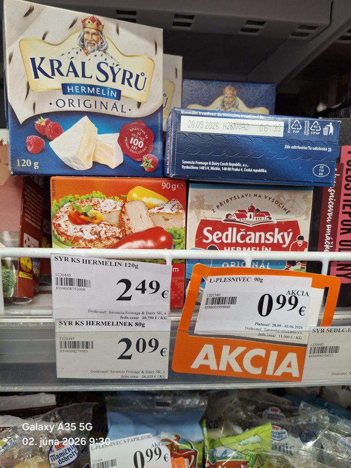 Kráľ syru hermelín, originál à 120 g, v počte 1ks, v celkovej hmotnosti 0,120kg, v cene 2,49€/ks, v celkovej cene 2,49€, s DMT 28.05.2026, t. j. 5 dní po uplynutom DMT;
