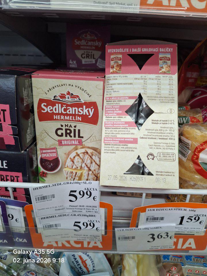 Sedlčanský hermelín na gril s brusnicovou omáčkou, originál 4x 100g - v počte 2 ks, v celkovom množstve 0,800 kg, v cene 5,99€/ 1ks, v celkovej cene 11,98€, s DMT 27.05.2026, t.j. 6 dní po uplynutom DMT;