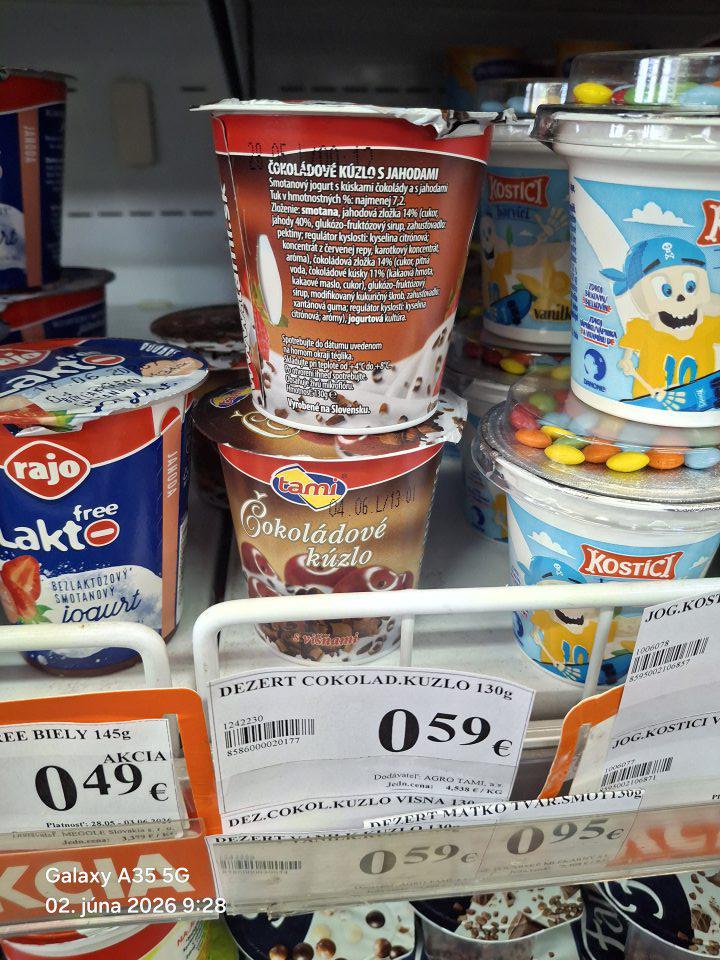 TAMI Čokoládové kúzlo s jahodami, smotanový jogurt s kúskami čokolády a jahodami à 130 g - v počte 1ks, o celkovej hmotnosti 0,130kg, s predajnou cenou 0,59€/ 1ks, s celkovou cenou 0,59€, s dátumom spotreby 28.05.26, t.j. 5 dní po uplynutí DS.