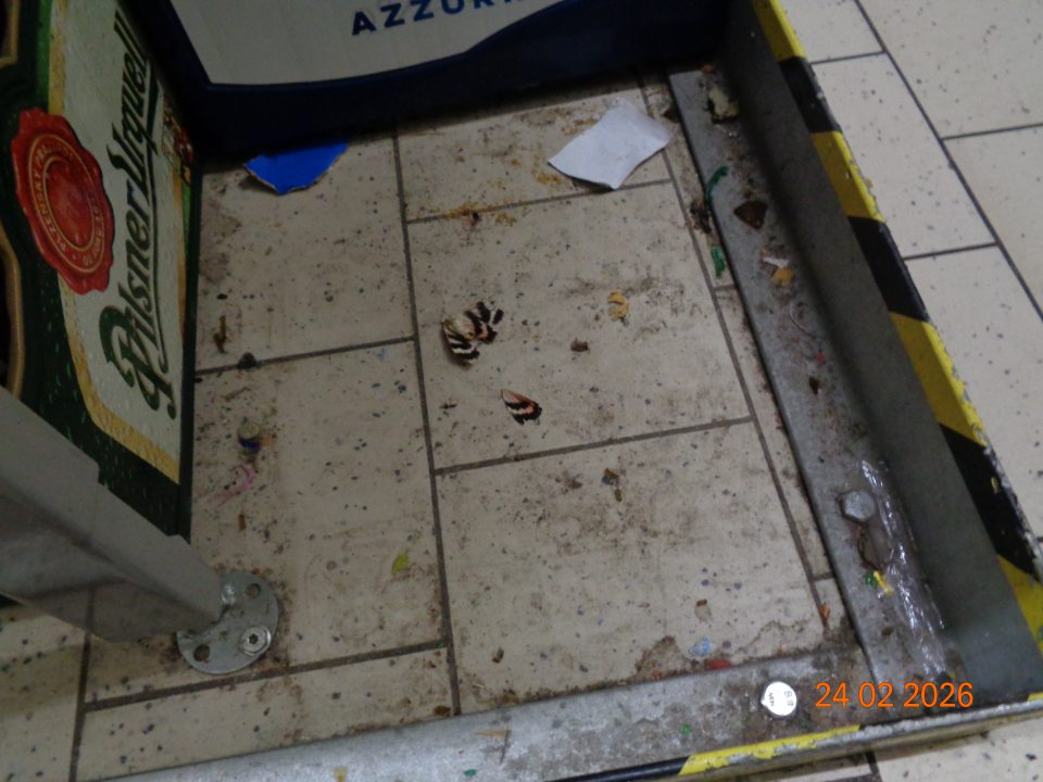 Znečistená podlaha v manipulačnom priestore prevádzkarne pod fľaškomatom zaschnutou špinou, uhynutým hmyzom a kúskami papiera.