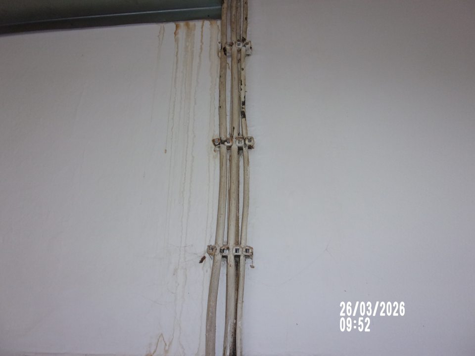 Poškodený, zatečený hygienický náter steny vo výrobných priestoroch prevádzky.