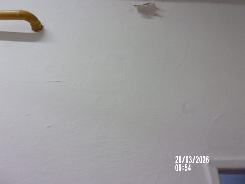 Poškodený, olupujúci sa  hygienický náter steny vo výrobných priestoroch prevádzky.