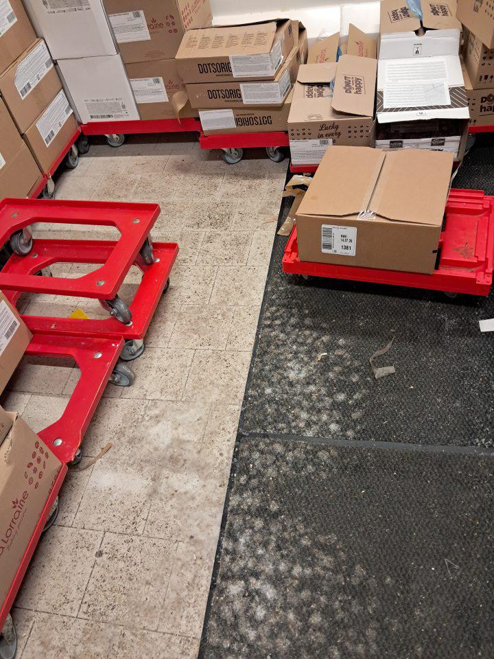 Znečistené koberce a podlaha v mraziacom boxe.