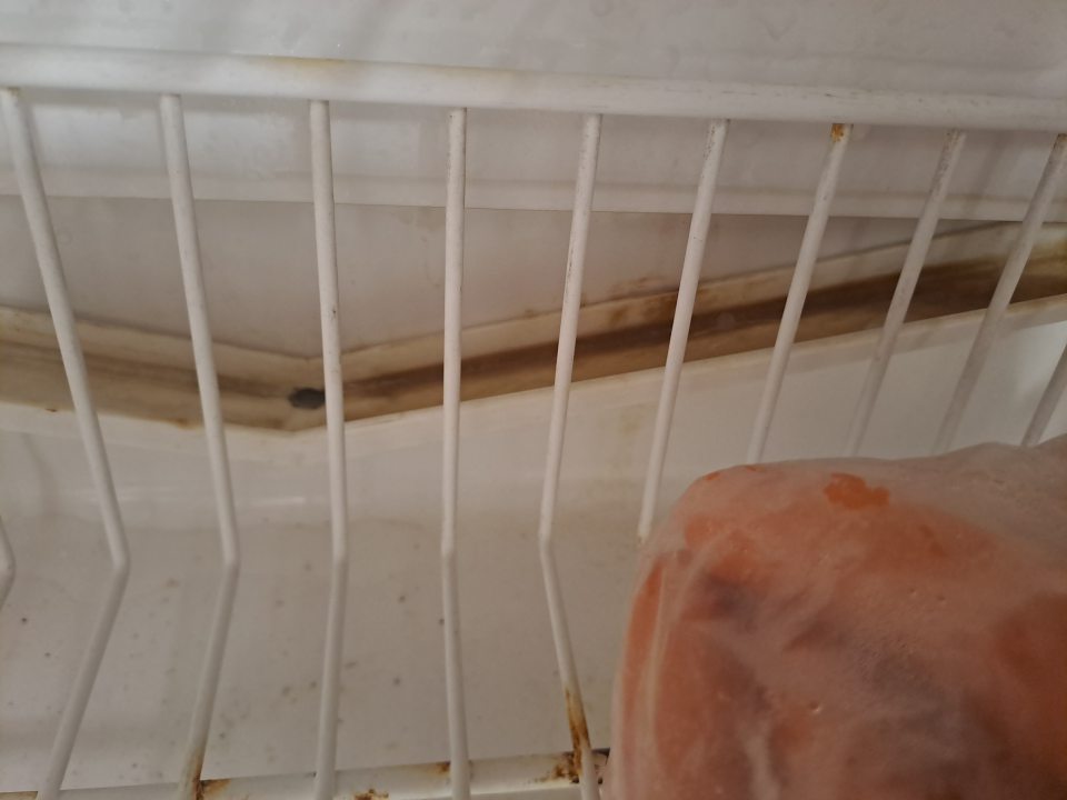 Predajná plocha - výskyt hrdze na spodnej časti , znečistené gumové tenenie okolo spodných dvierok v chladničke na syry a kvasenú zeleninu