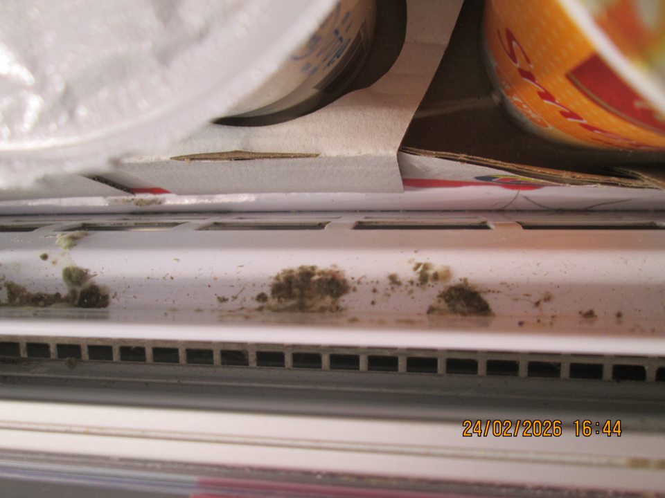 -	chladiace zariadenie slúžiace na uskladnenie mliečnych výrobkov ( smotany a jogurty ) – zistený výskyt plesne a zaschnutých nečistôt na troch miestach za vnútornou lištou v prednej časti chladiaceho zariadenia o veľkosti 15 cm x 1 cm, 25 cm x 1 cm a 5 cm x 1 cm