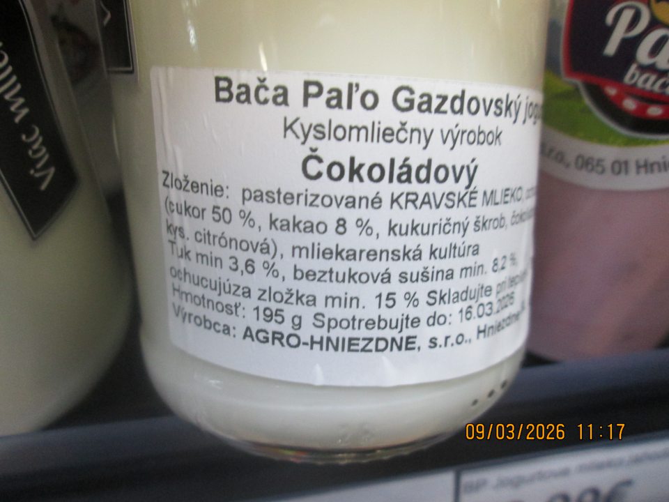 Výrobok Bača Paľo Gazdovský jogurt kyslomliečny výrobok čokoládový 195g, spotrebujte do 16.03.2026 v zložení uvedená skratka.