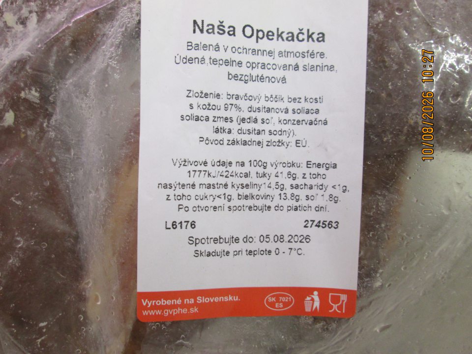Naša opekačka, v celkovom počte 2 balenia, v celkovom množstve 3,9 kg, v celkovej cene 40,91 Eur (cena 10,49 Eur/kg), Spotrebujte do: 05.08.2026. Výrobca: GVP spol. s.r.o., Prevádzka: Naša výroba, Tolstého 1, 066 01 Humenné