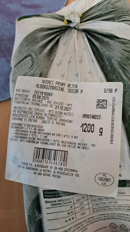 3. Etiketa v slovenskom jazyku na ostatných výrobkoch "Husací prsný rezeň, hlbokozmrazené"