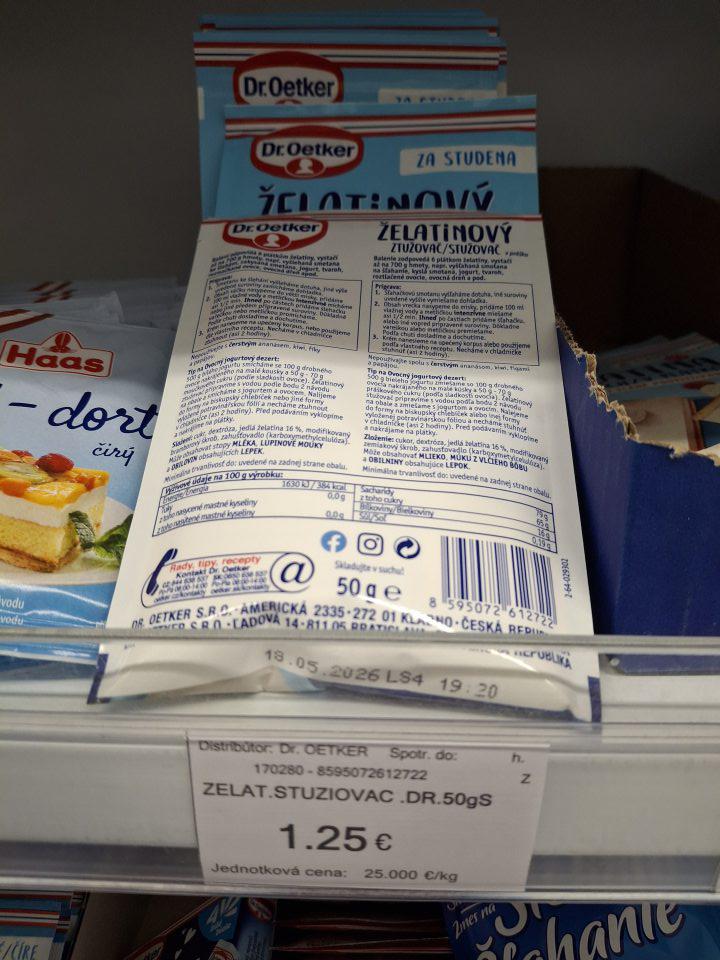 Predaj potravín po uplynutí DMT viac ako 45 dní: Želatínový stužovač v prášku, 2 ks, 100 g, celková cena: 2,50 eur, Dr. Oetker s.r.o., Bratislava, minimálna trvanlivosť do: 18.05.2026.